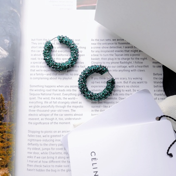 New Christmas Celine Crystal Green Enameled Hoops - Picture 3 of 4